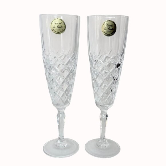 French Crystal Champagne Glasses VTG Set of 2 Cristal De Flandre Flutes Stemware - Picture 2 of 15